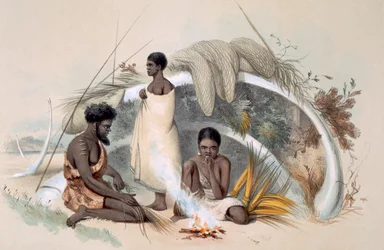 Natives of Encounter Bay making cord for fishing nets in a hut formed from the ribs of a whale, from 